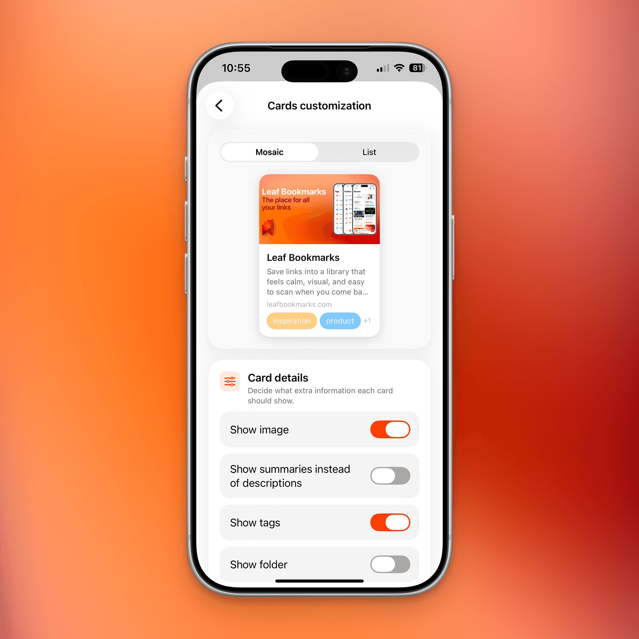 Screenshot showing Leaf link cards with text, tags, and thumbnails
