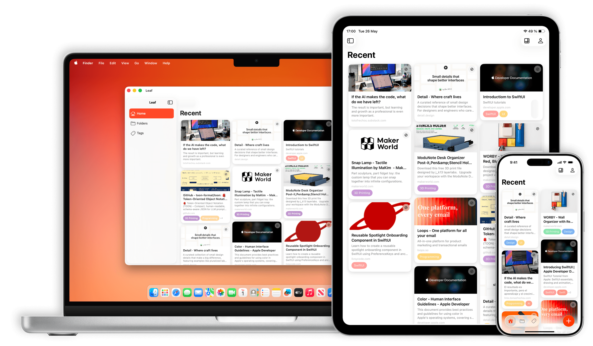 Leaf Bookmarks running on Mac, iPad, and iPhone