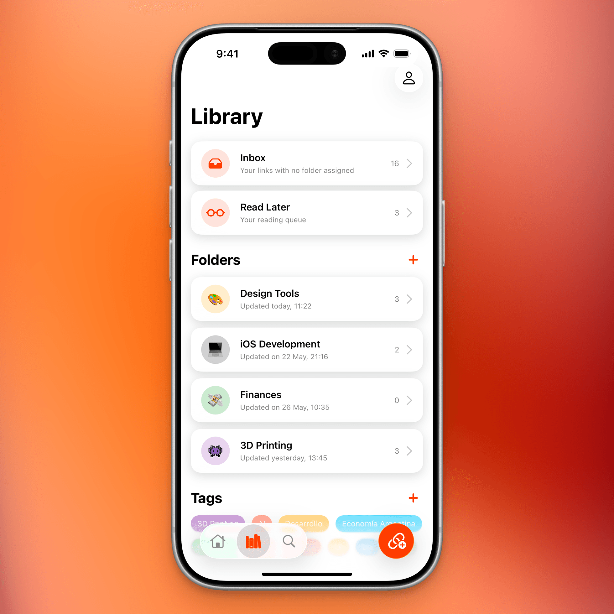 Screenshot showing folders and tags in a Leaf library