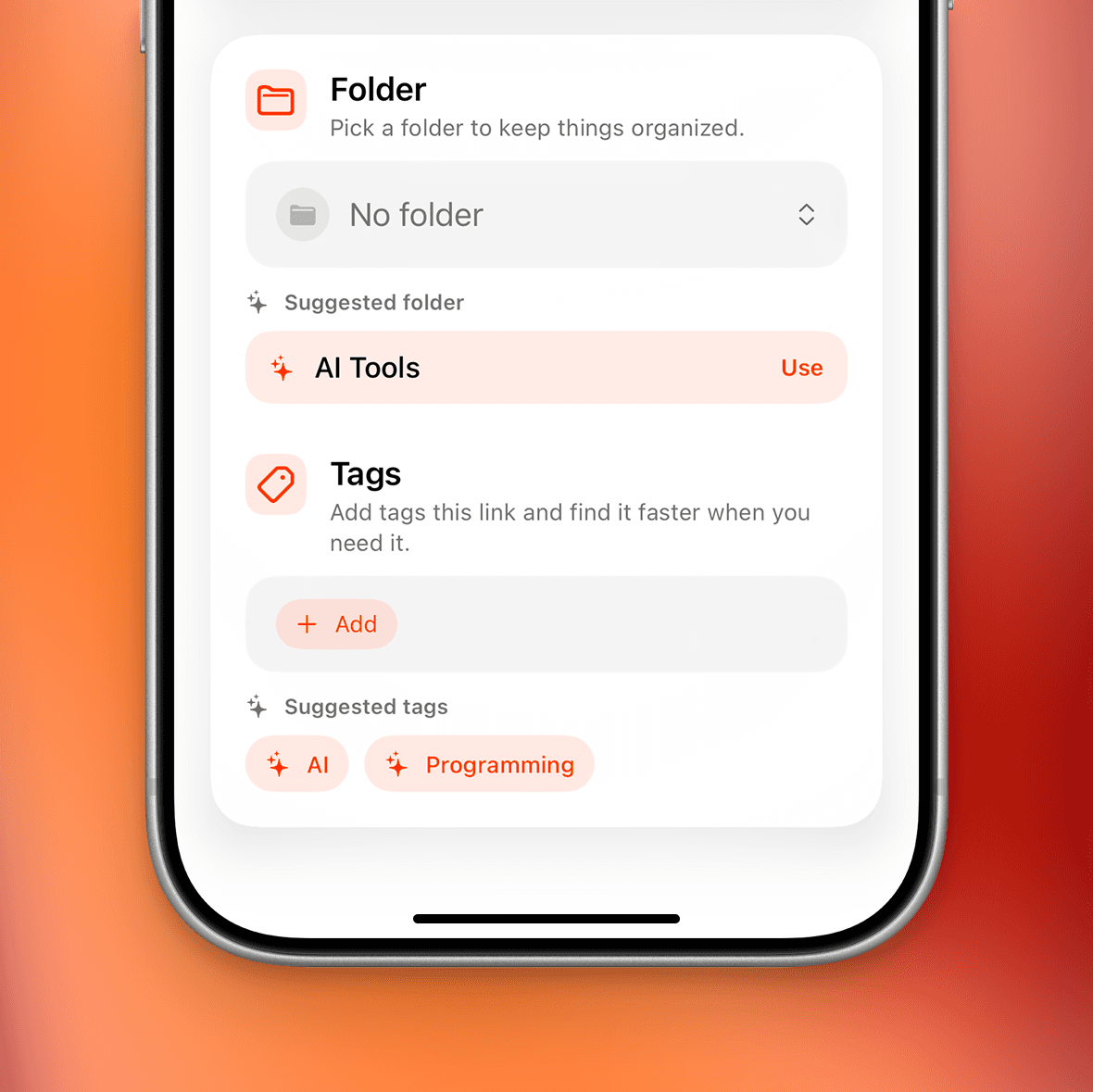 Video showing suggested folders and tags for a saved link